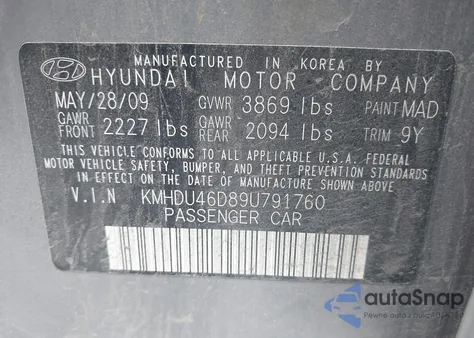 2009 Hyundai Elantra Gls from USA, damaged, VIN KMHDU46D89U791760